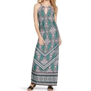 WHBM White House Black Market Maxi Dress Batik Print XS Halter Green White Black
